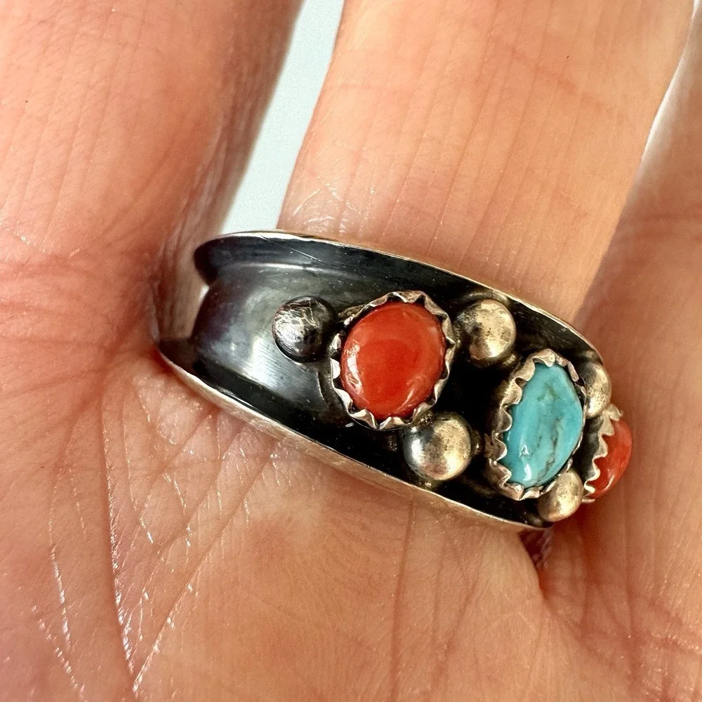 Turquoise Coral Band Ring Sz 11 Navajo 5g 11mm Native Amer Dark Sterling Mens